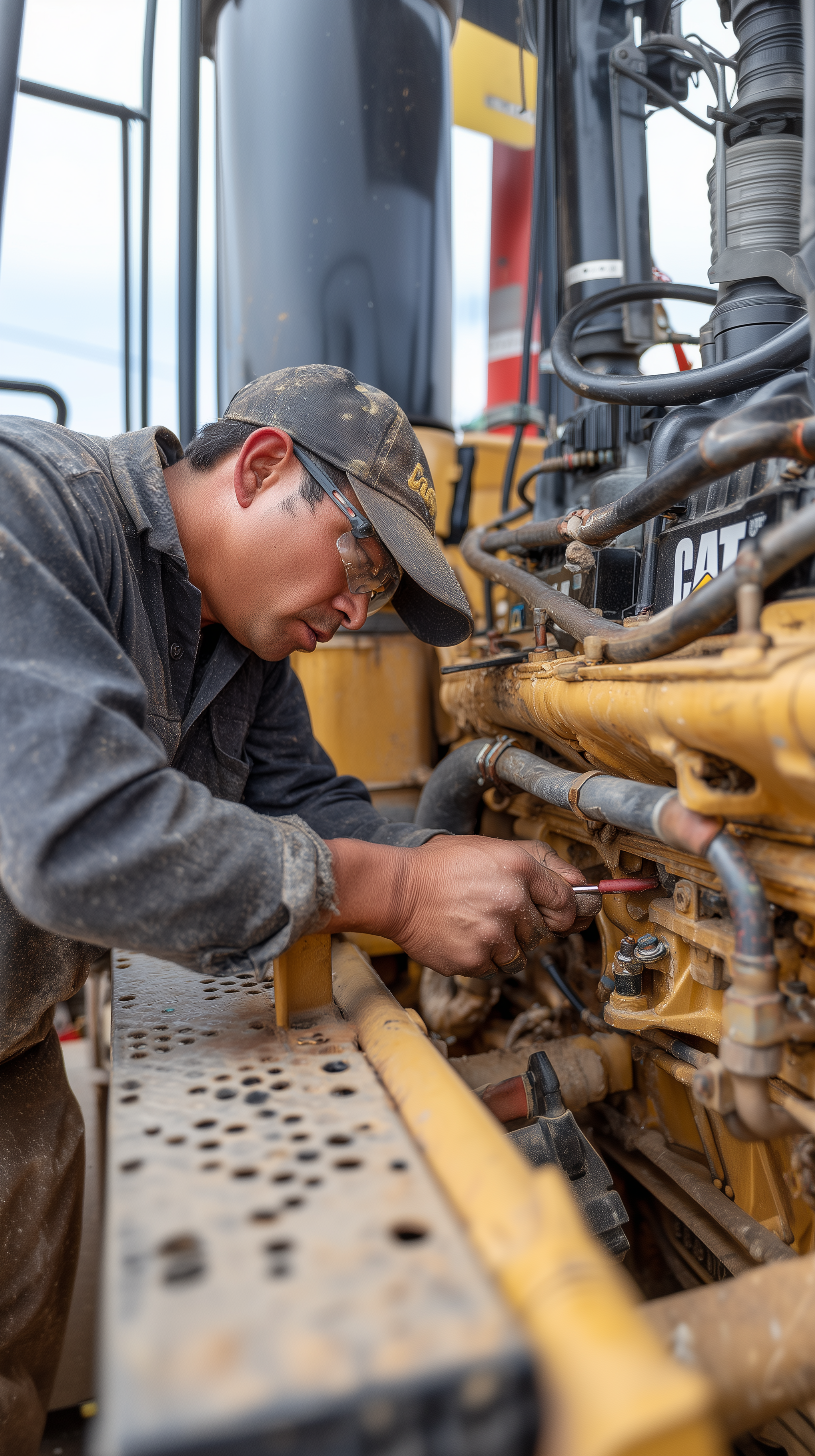 Diesel mechanic repairing hydraulic lines on Caterpillar equipment