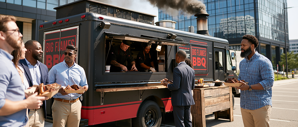 Big Flames BBQ food truck parked outside a Toronto corporate office serving pulled pork sandwiches and brisket plates to employees at lunch