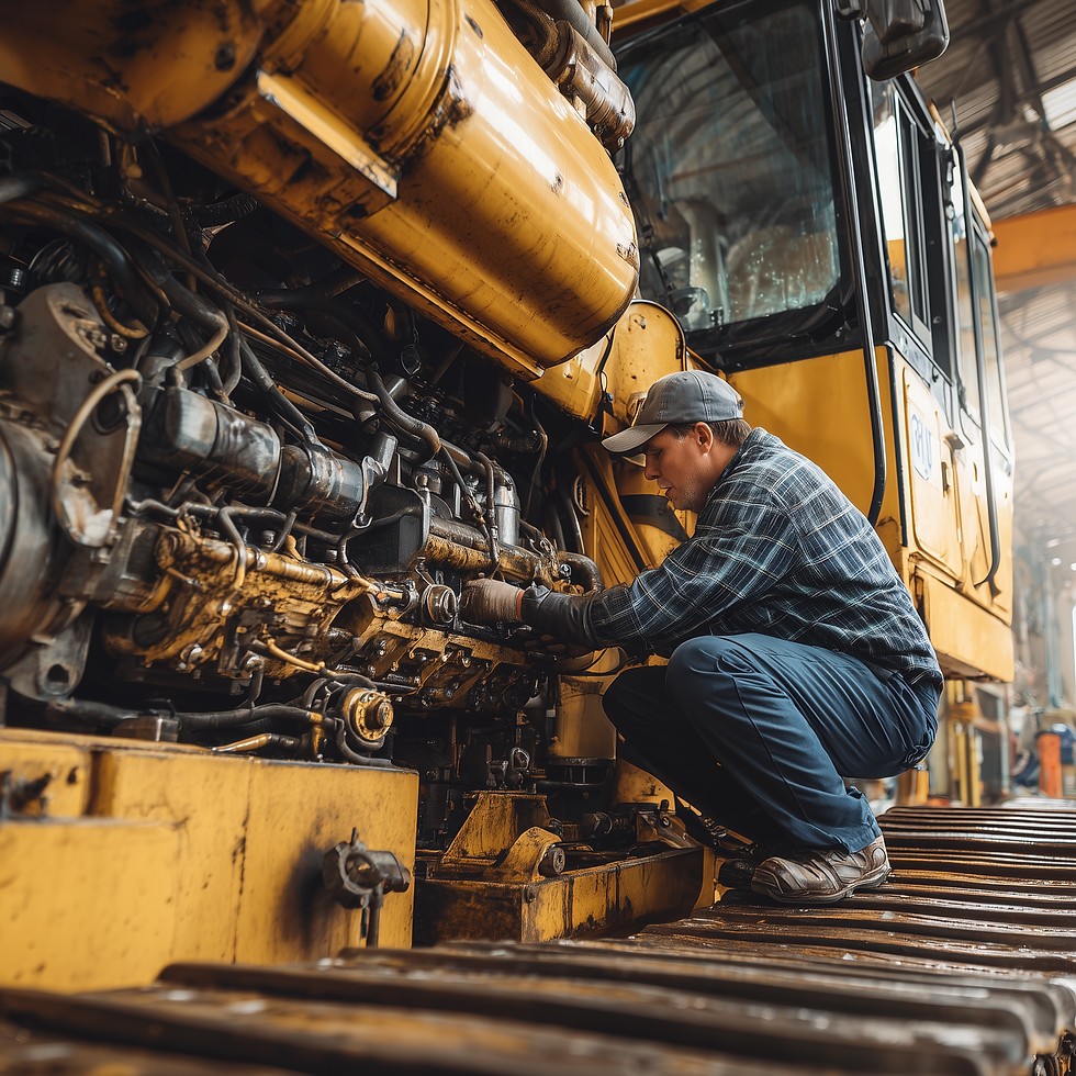 Diesel mechanic repairing a heavy equipment engine with open engine bay and professional tools on an active job site.