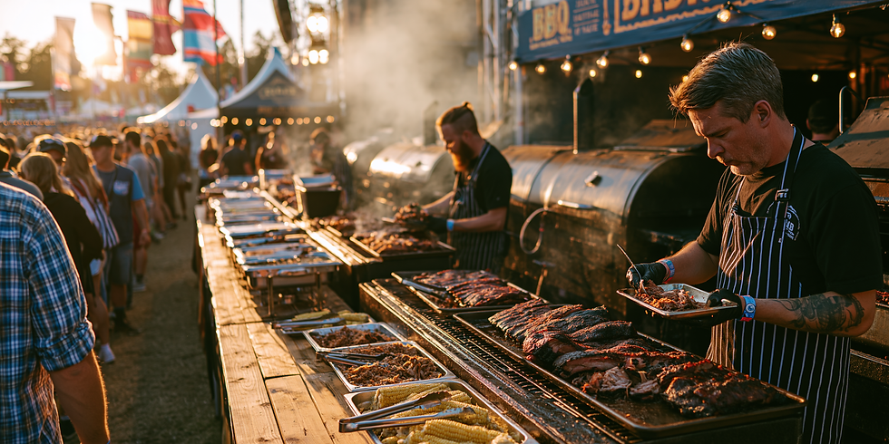 Festival BBQ catering in Toronto with multiple smokers serving ribs, brisket and pulled pork to a large outdoor crowd at a music festival
