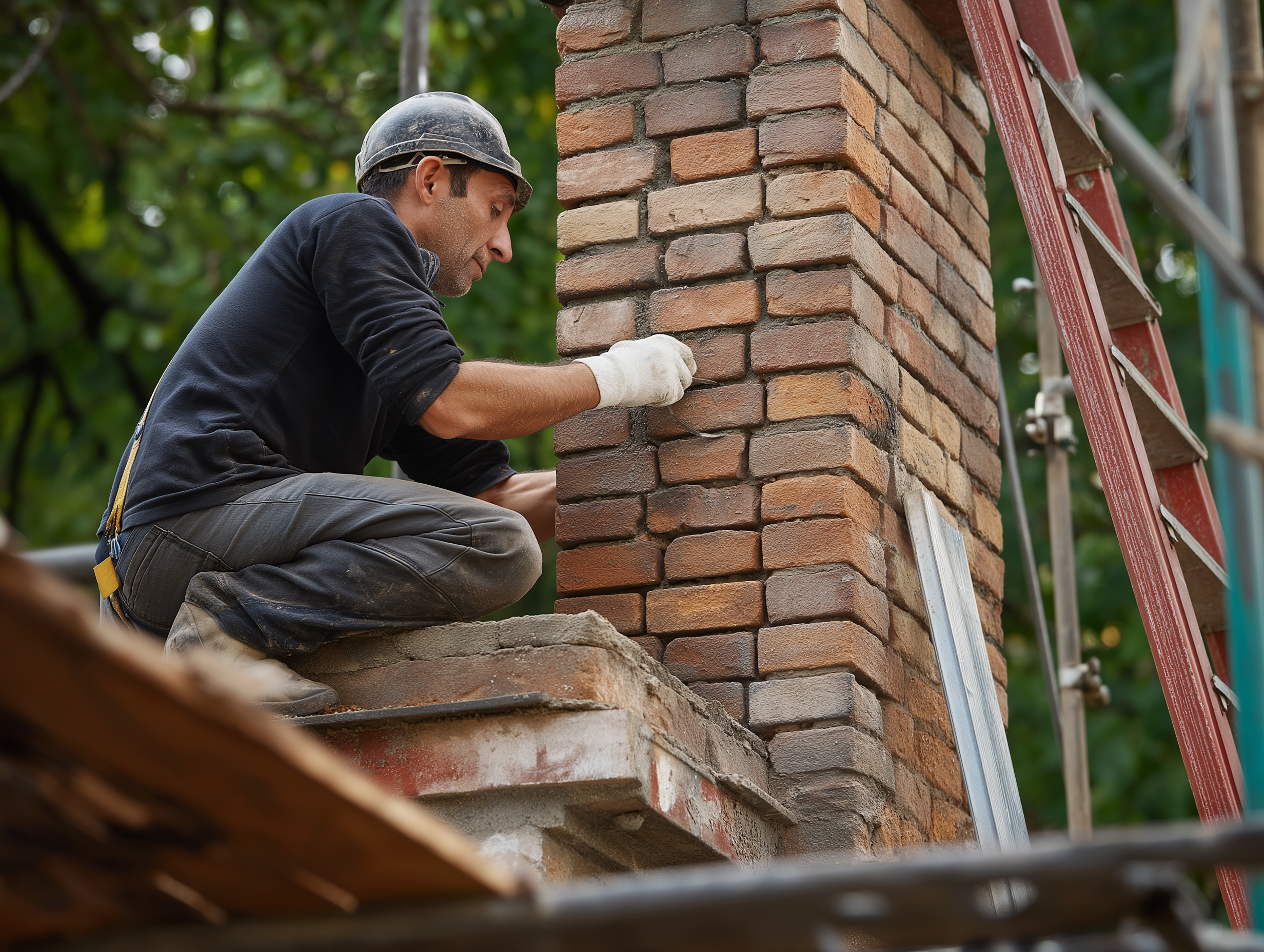 Mason repairing brick chimney on rooftop
