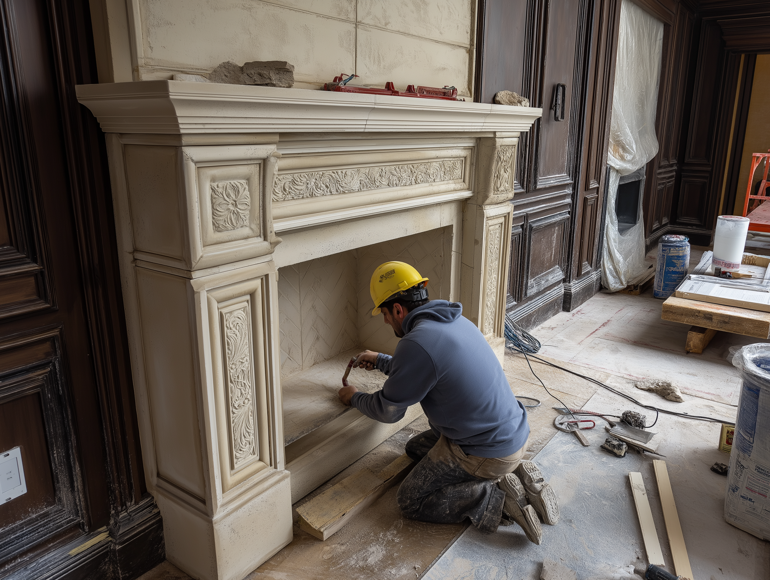 Mason completing a Fireplace Repair located in Toronto. By Monarch Masonry