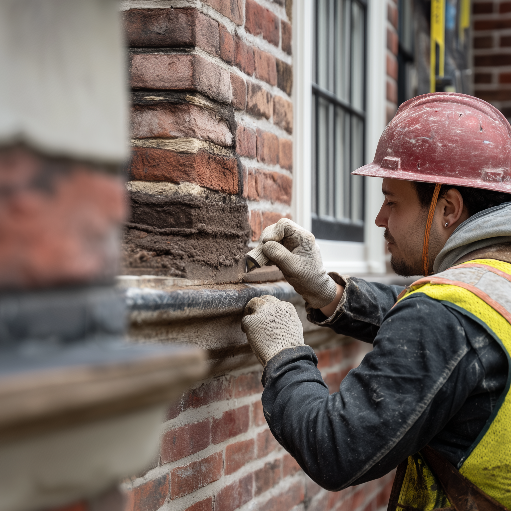 Masonry worker applying Tuckpointing mortar to brick wall