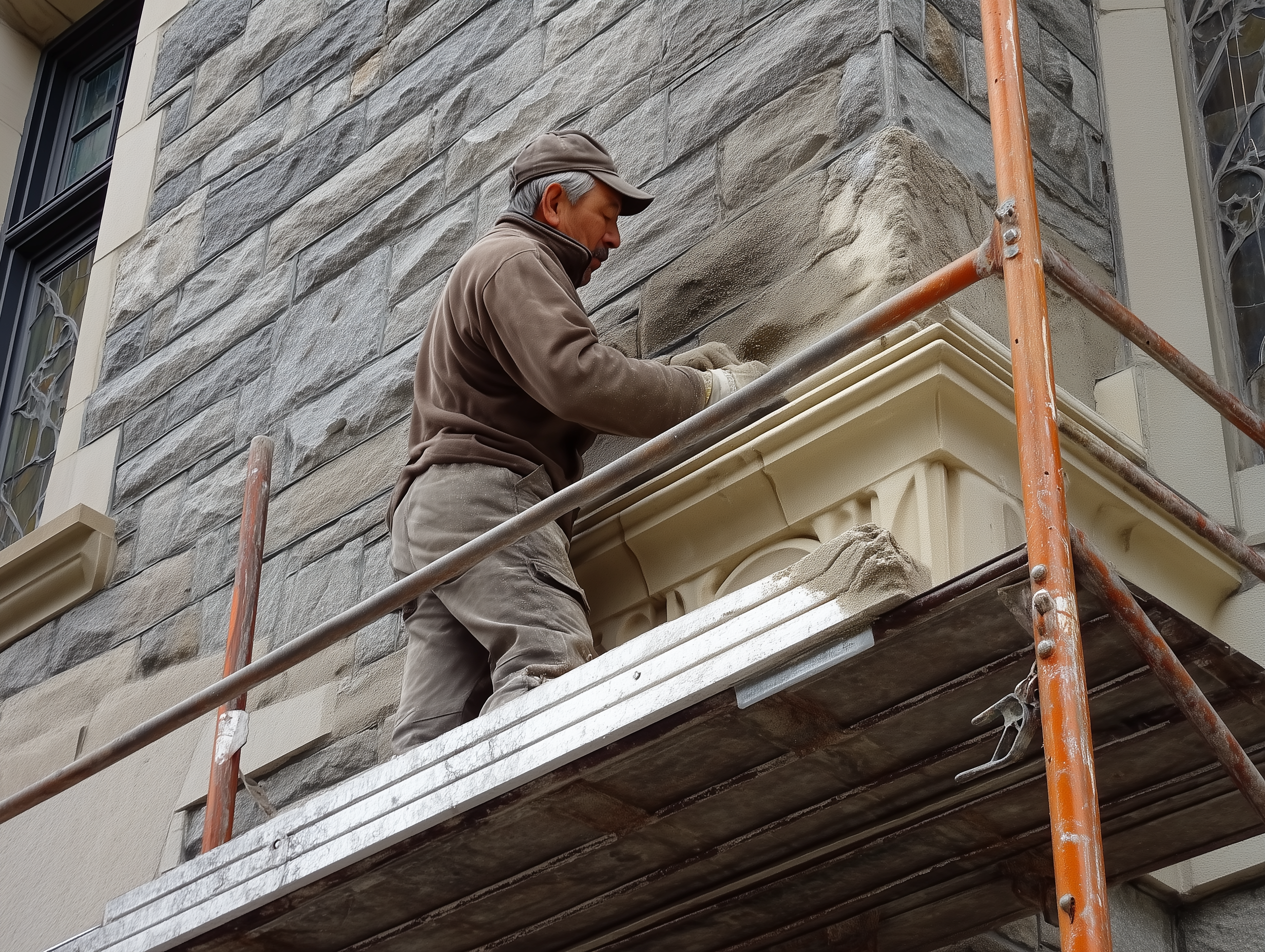 Mason repairing stone building facade located in Toronto and completed by Monarch Masonry