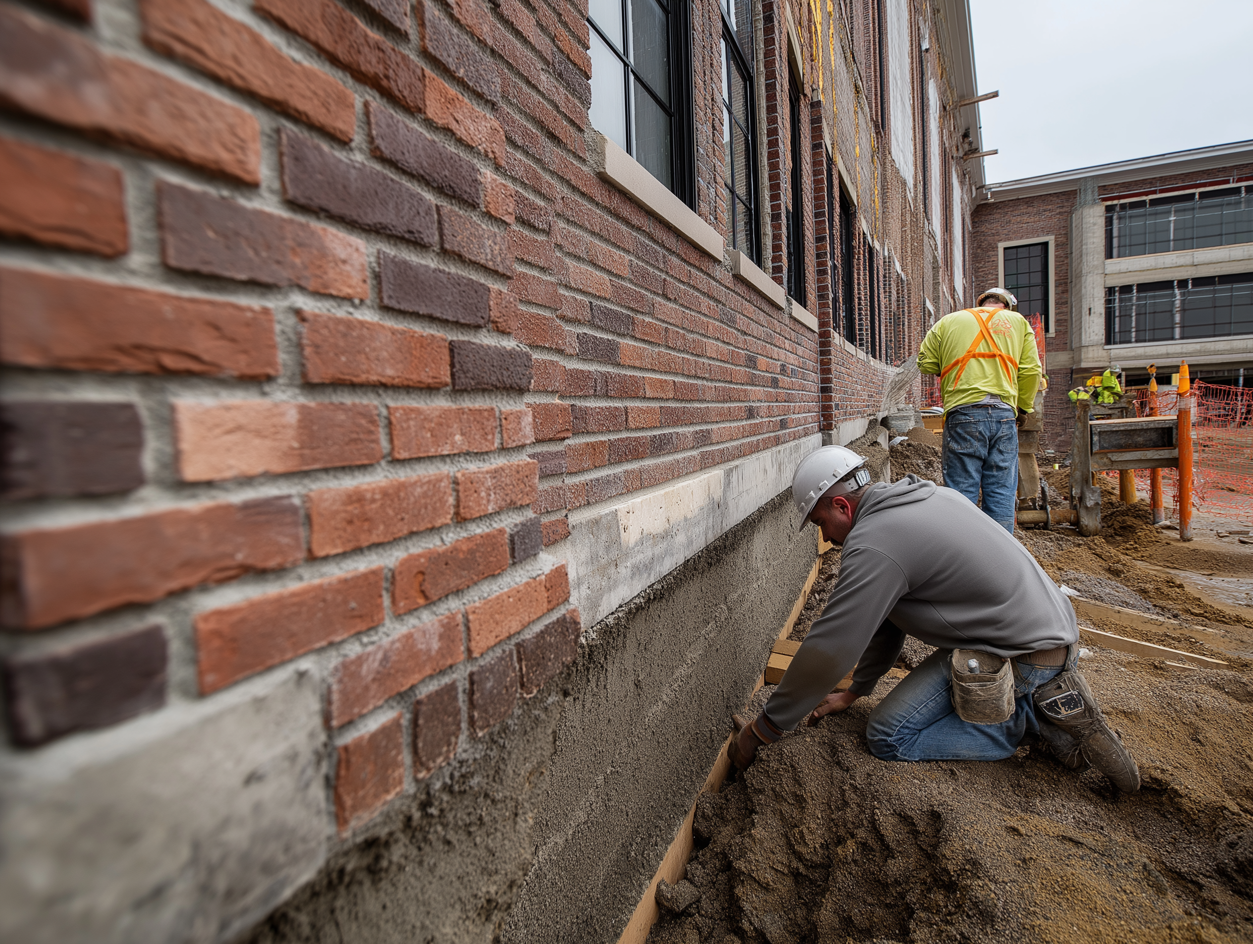 Bricklayers working on building completing parging repair located in Toronto