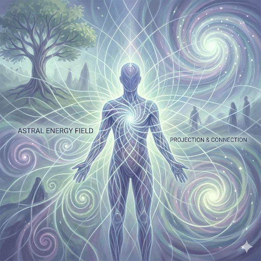 Digital artwork of a figure surrounded by swirling energy patterns in a cosmic scene. Text reads "Astral Energy Field" and "Projection & Connection".