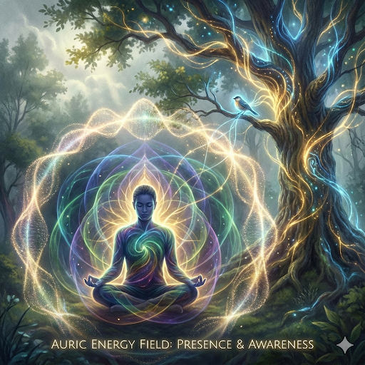 A person meditates amid colorful energy patterns under a glowing tree. A bird perches nearby. Text reads "Auric Energy Field: Presence & Awareness."