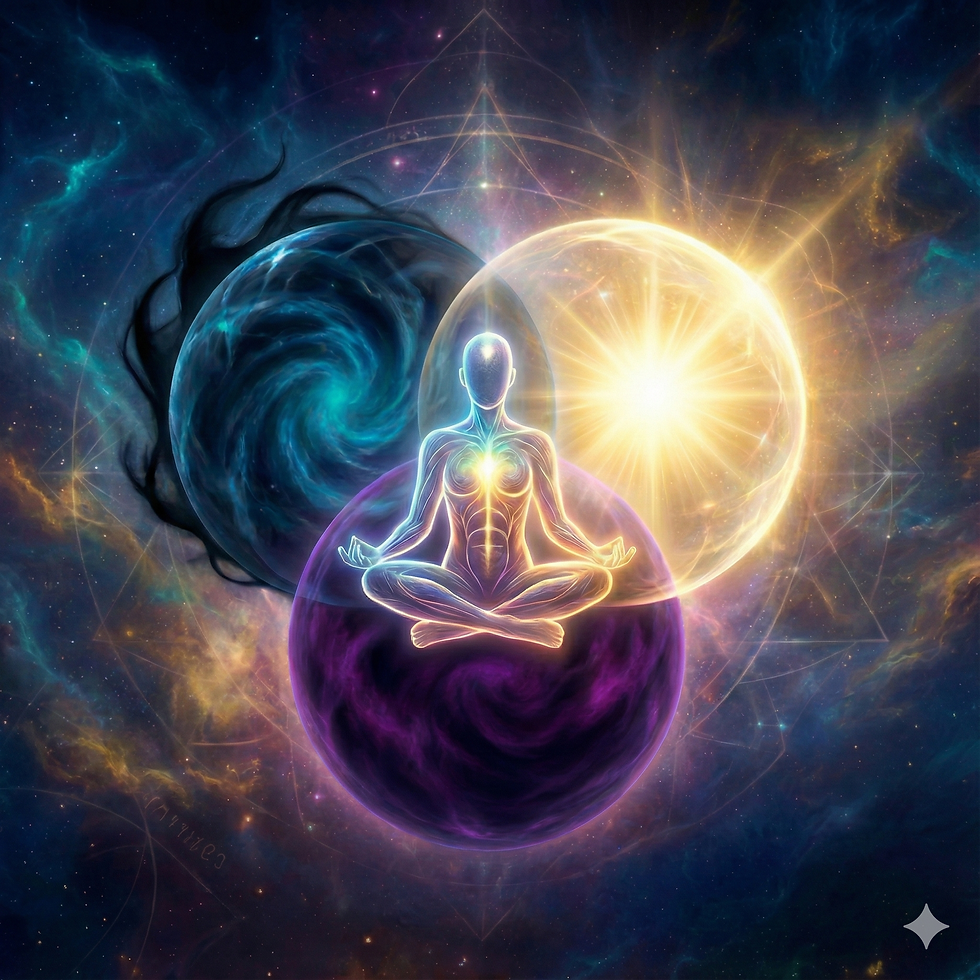 A glowing figure meditates in space, surrounded by cosmic orbs. Vibrant swirls of purple, blue, and gold create a mystical atmosphere.
