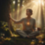 A woman sits in a forest with her eyes closed to take in all that is around her through her other senses.