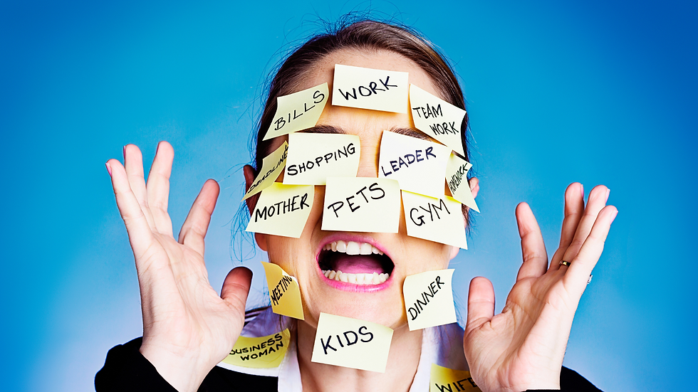 an overwhelmed woman with sticky notes all over her face