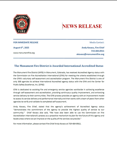 News release Monument FIre District Awarded International Accrredited Status