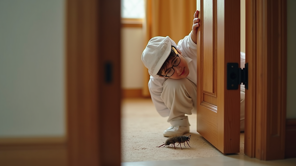 Eye-level view of a pest control technician inspecting a wooden door frame