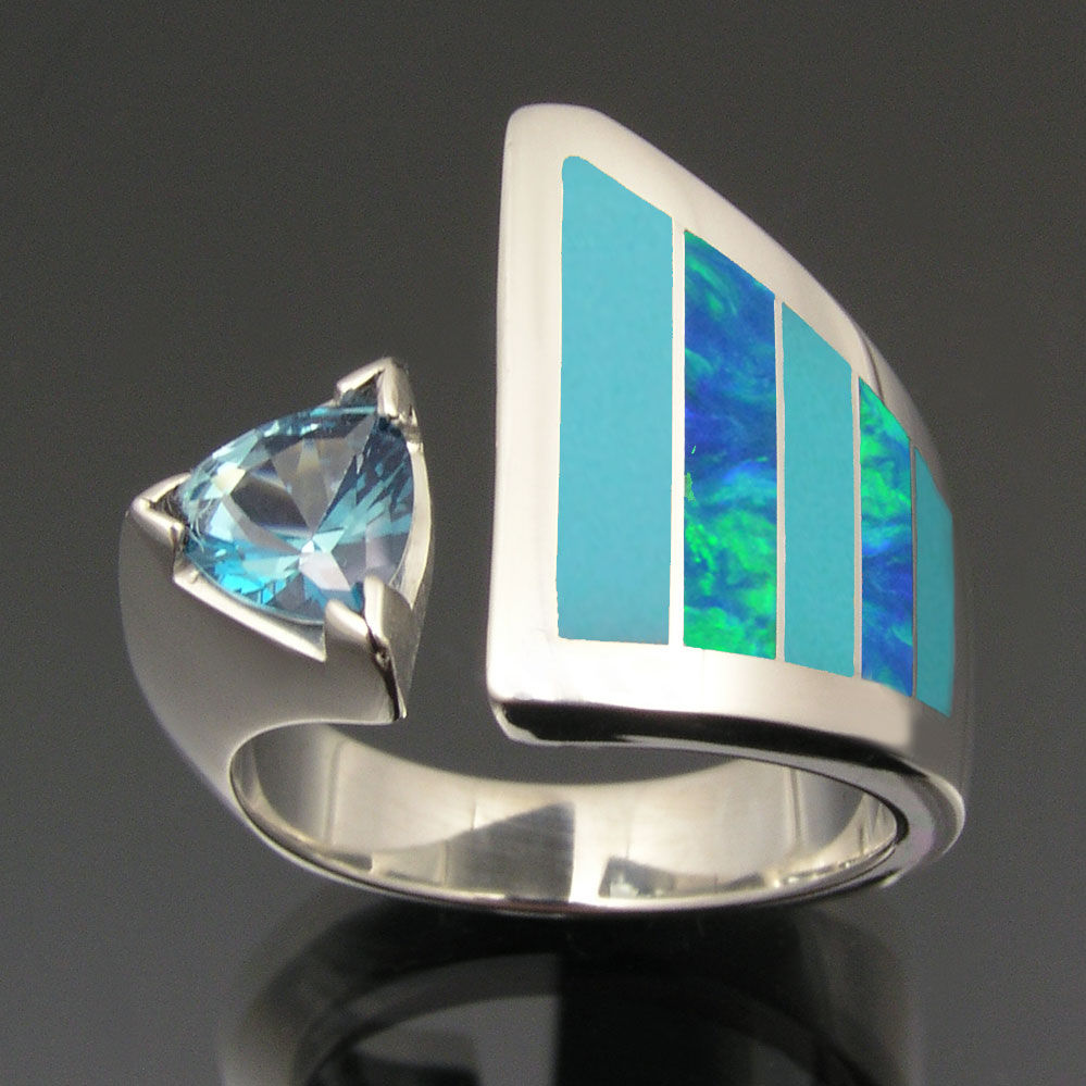 Turquoise ring with lab opal and topaz in sterling silver.