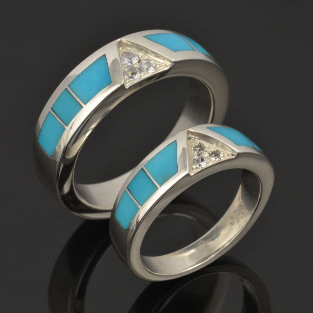 Turquoise wedding set with white sapphires in sterling silver by Hileman.