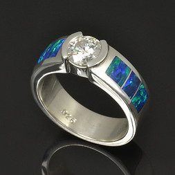 Lab opal and moissanite engagement ring