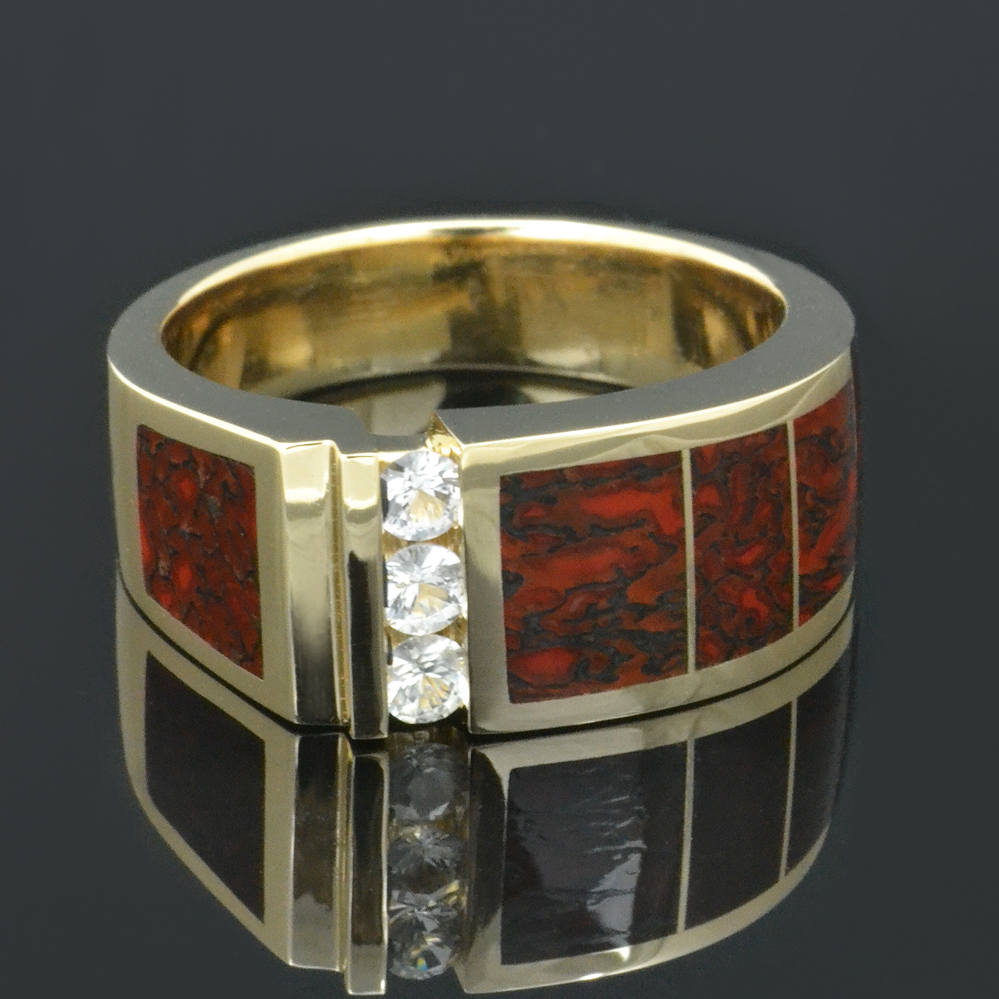 Dinosaur bone ring with white sapphires set in 14k gold