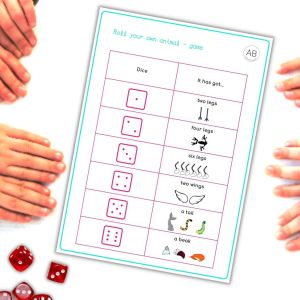 Roll your animal – printable dice game – gra wymyśl swoje zwierzę do druku