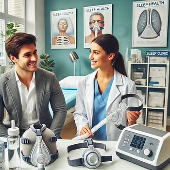 A imagem ilustra o momento da consulta, onde o especialista orienta o paciente na escolha do CPAP e da máscara ideal.