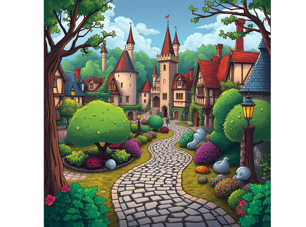 enchanted medieval garden with town square in the background, cobble stoned paths with tre