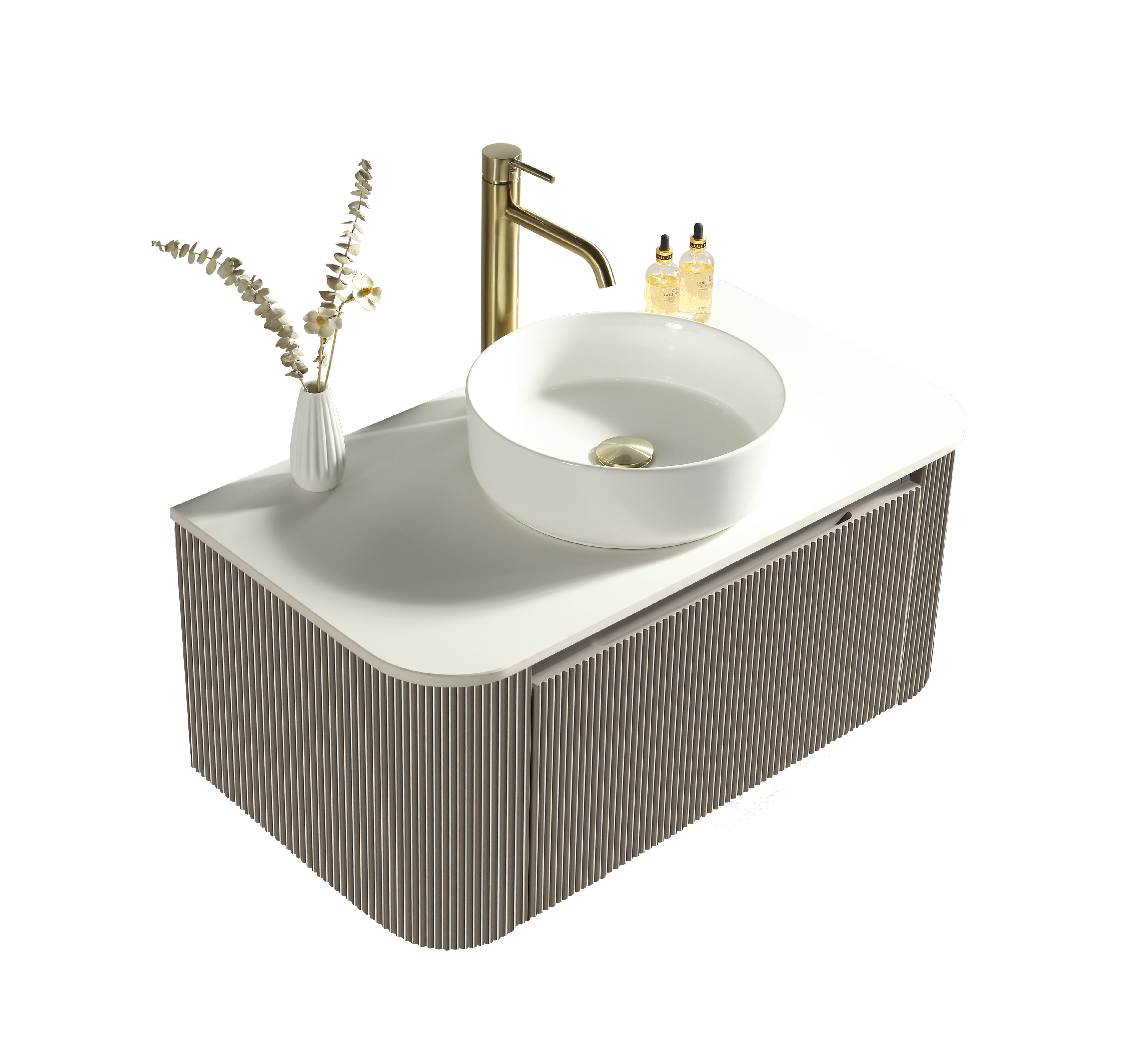 Flauto Soft Coffee  870mm Wall Hung Curve Corner Vanity w. Sintered Stone