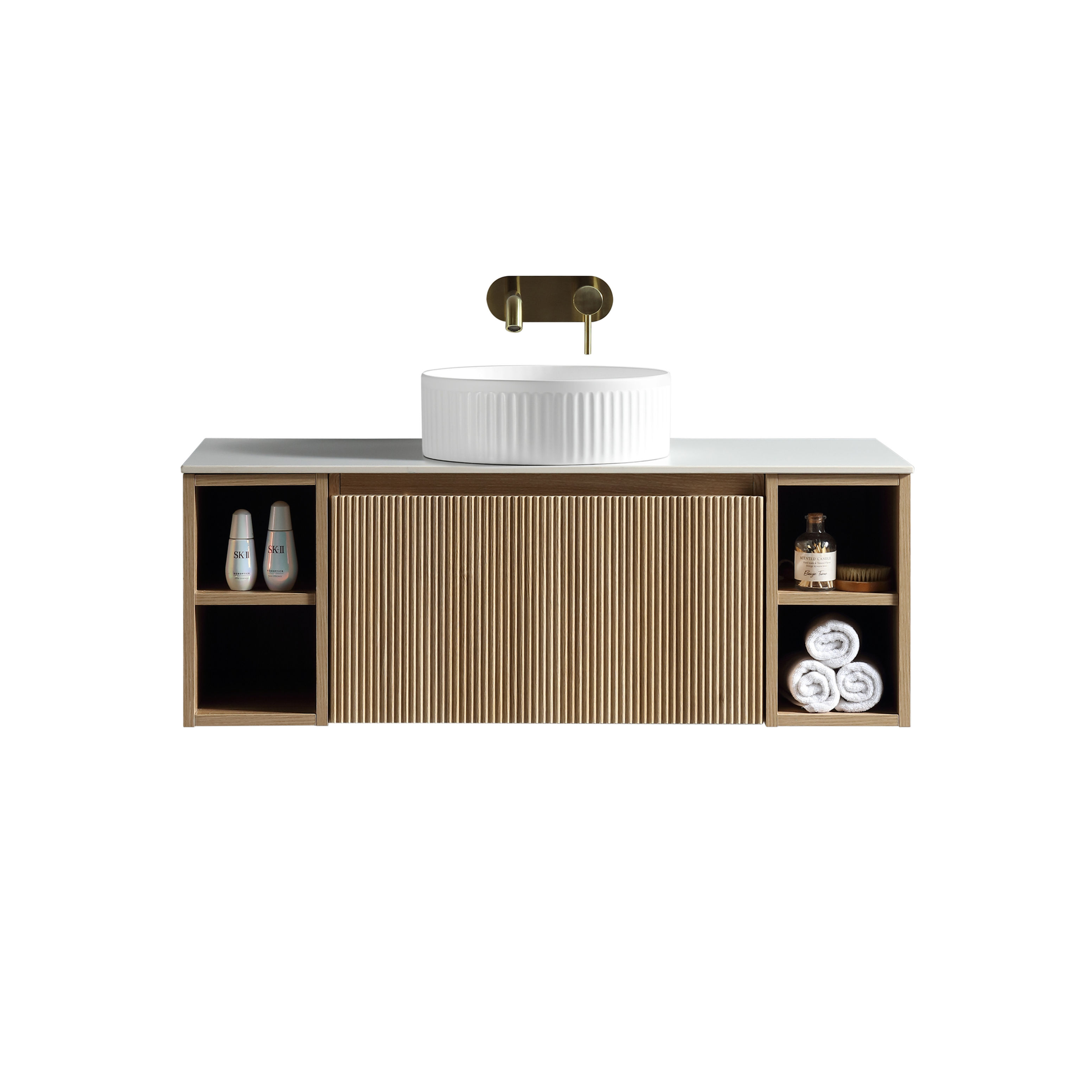 Flauto 1000mm Wall Hung Vanity w. 2 Side Storage & Sintered Stone Counter Top -