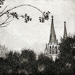 Etching in black ink of  a view over treetops of the spire of St John the Baptists' cathedral in Savannah, GA