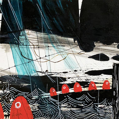 View over raging waves of a line of small red ovoid figures, perhaps crossing a bridge. Storm clouds and rain surround them, and a couple more of these figures are visible at the edge of the frame, farther in the foreground