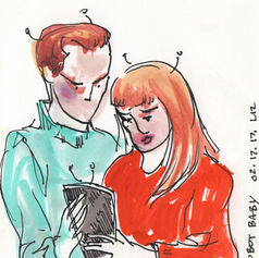 A man and a woman with antennae hold a small tablet which also has antennae. Their faces show looks of concern.