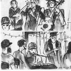 Ink drawings of two different groups of musicians playing raucous music.
