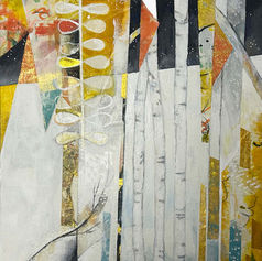 Mixed media semi-abstract painting on panel. stars and snow through trees, with tessellated patterns and marks.