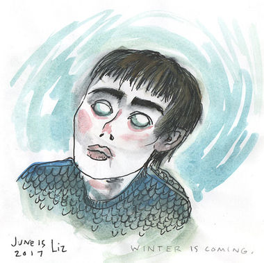 Watercolor portrait of Bran from Game of Thrones, while his eyes are rolled back and he communicates with the ravens or wolves or whatever.