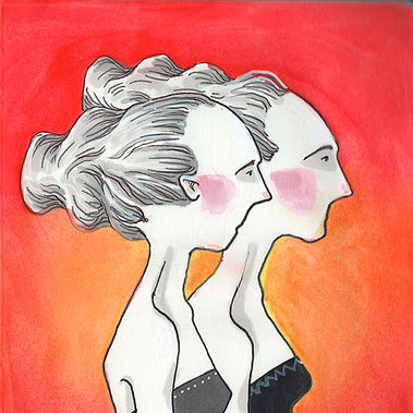 Water color drawing showing to identical twins in black dresses against a bright red-orange background
