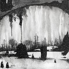 A stylized black and white landscape of trees and rain beneath a sort of framed archway