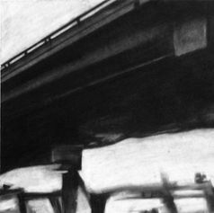 Charcoal drawing showing the silhouetted bulk of a highway overpass, with the blurred structure of more highways in the distance.