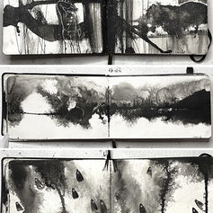 Three spreads showing semi-abstract explorations in ink and wash in a small sketchbook. 