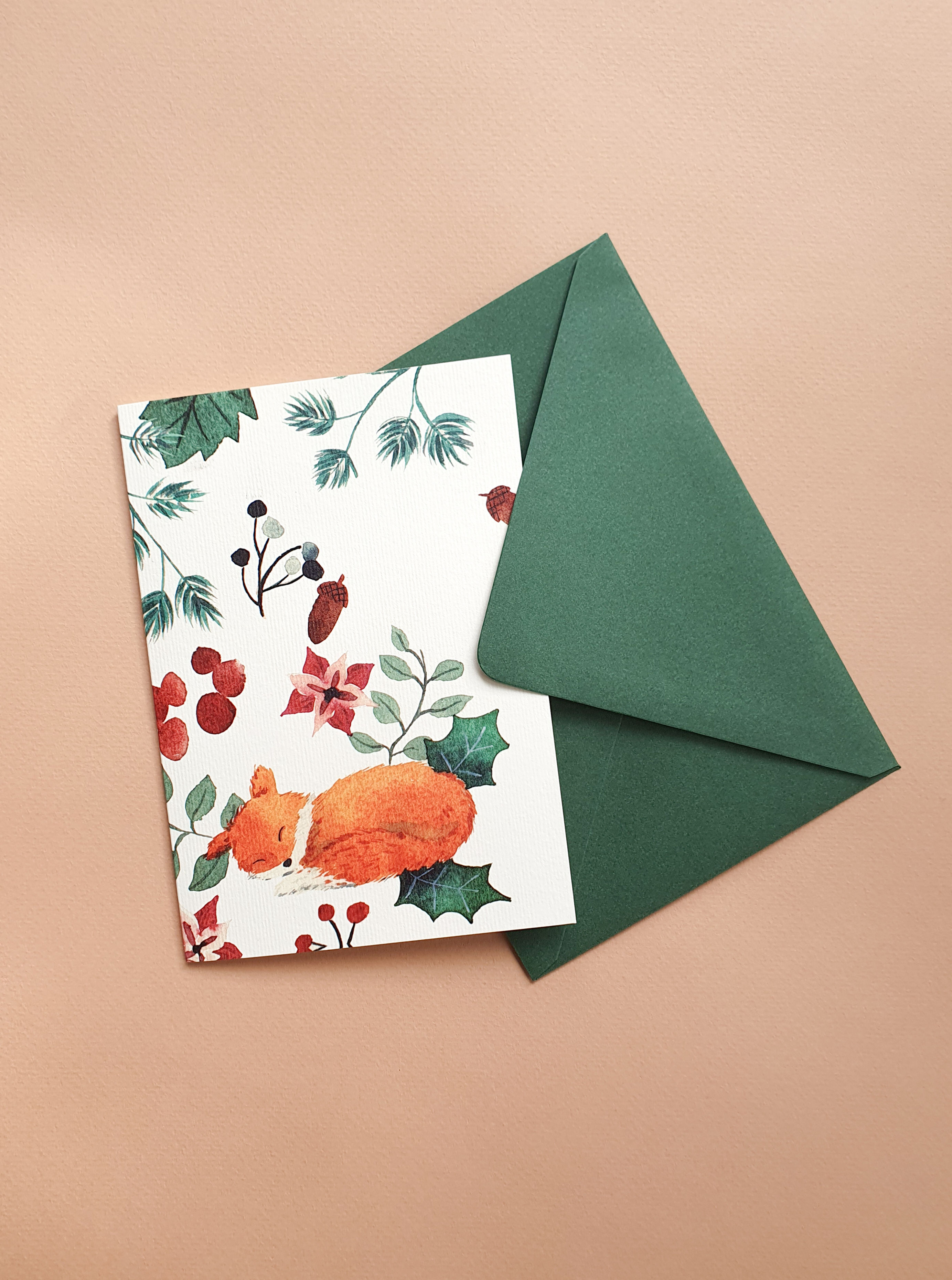 Baby Fox card/autumn- winter/ Christmas Card 2023/A6 green envelope