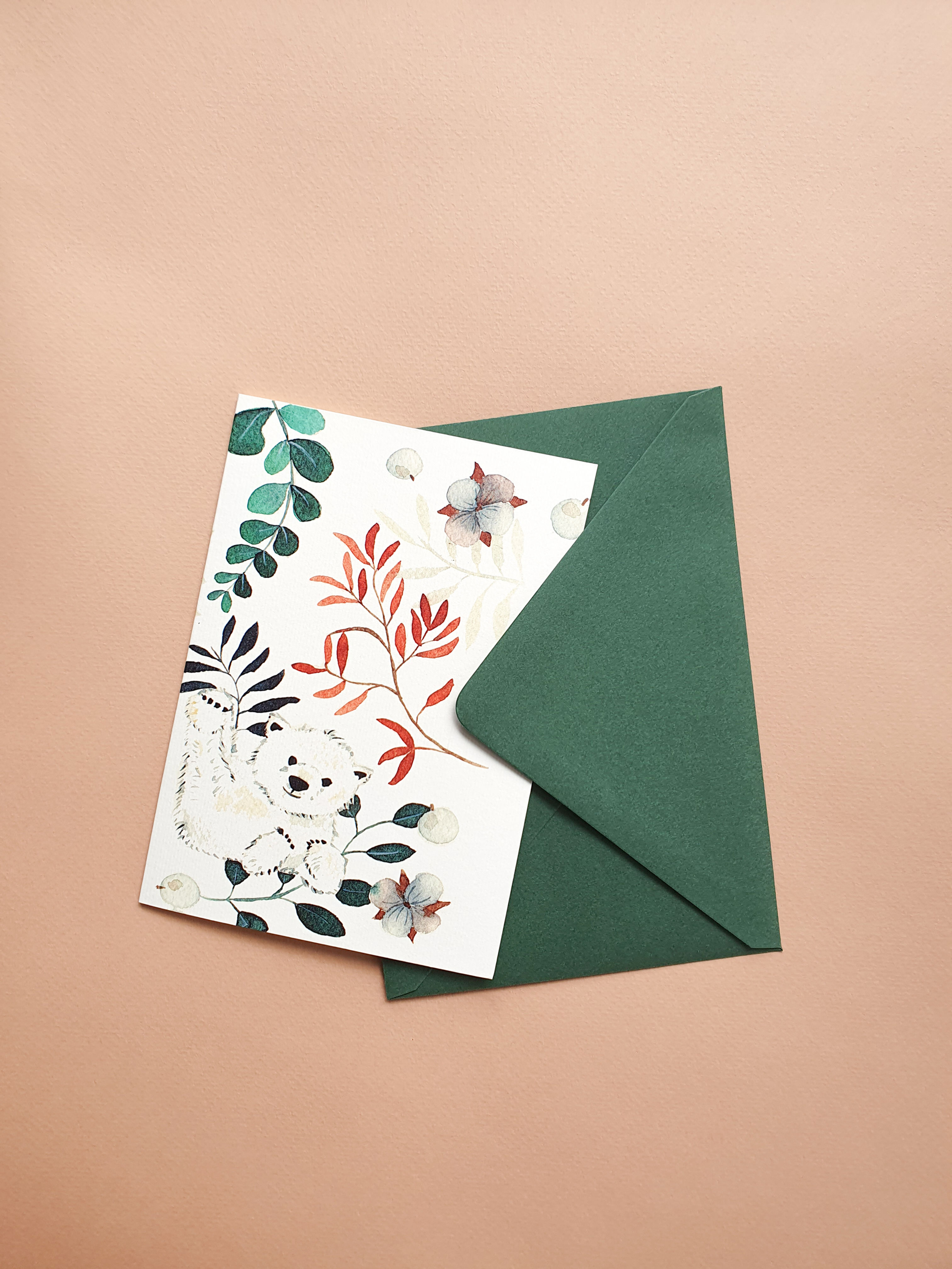 Polar Bear card/autumn- winter/ Christmas Card 2023/A6 green envelope