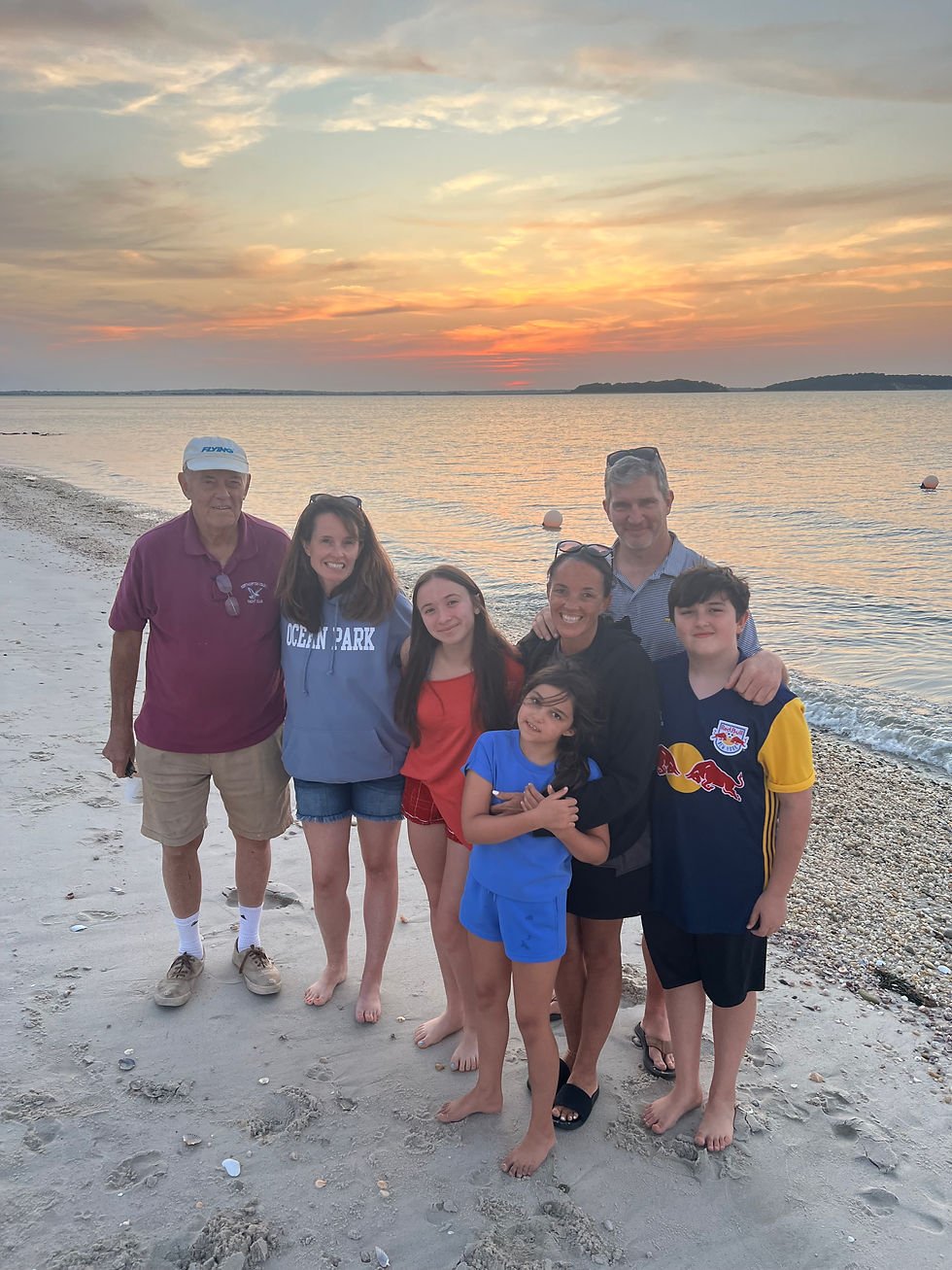 With me in this picture is my dad, my daughter Emma, and my sister Cathleen's family, right after sunset on Noyac Bay in Sag Harbor, NY.