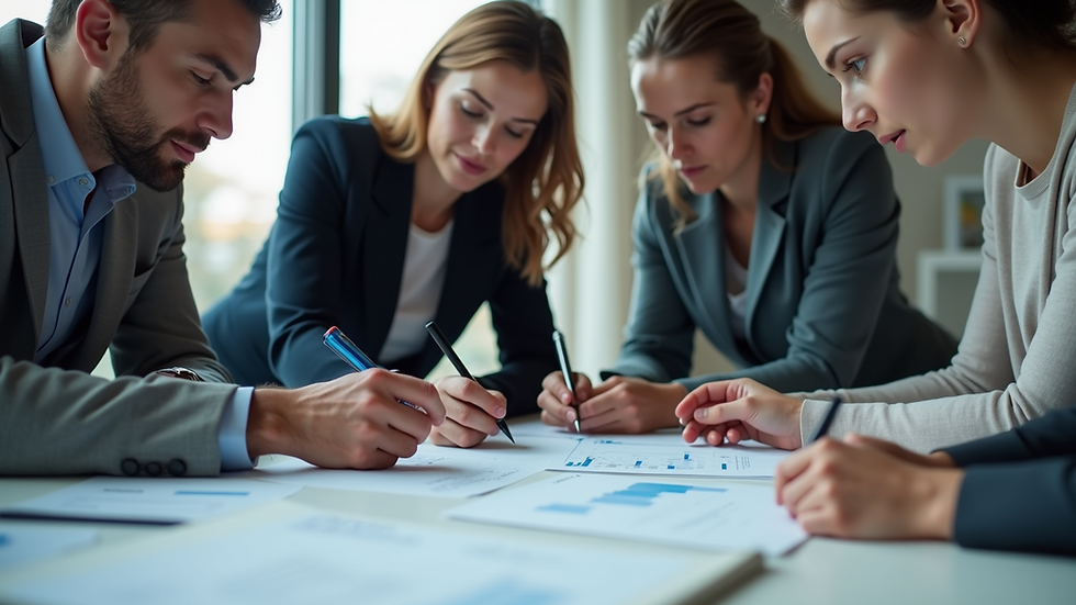 Eye-level view of a business team collaborating over a project