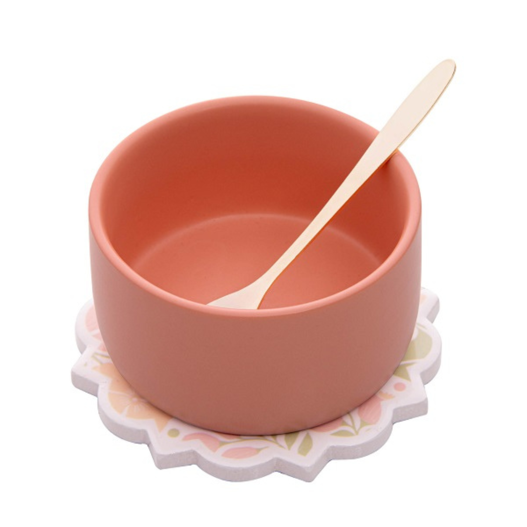 Jogo de petisqueira floral de 3 peças em cerâmica e metal, com 1 bowl, 1 colher e 1 suporte, tamanho de 7,5 x 11 cm da marca