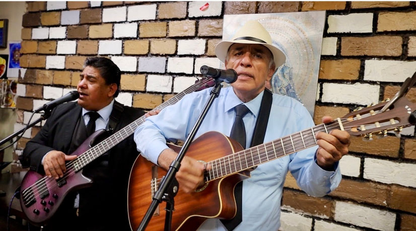 Trio musicians performing with acoustic guitar and bass in front of a brick wall at a private event in Los Angeles.