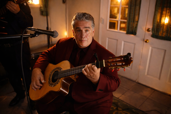 Guitarist from Trio Los Angeles performing a romantic bolero during a private serenata event.