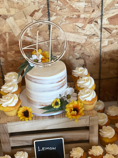 Country wedding naked cake with cupcakes