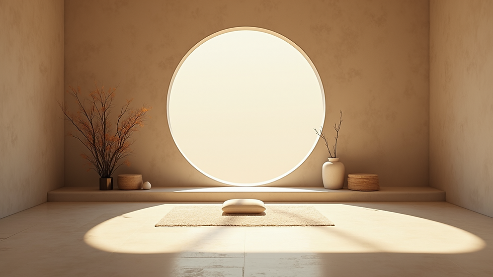 Eye-level view of a peaceful meditation space with natural light