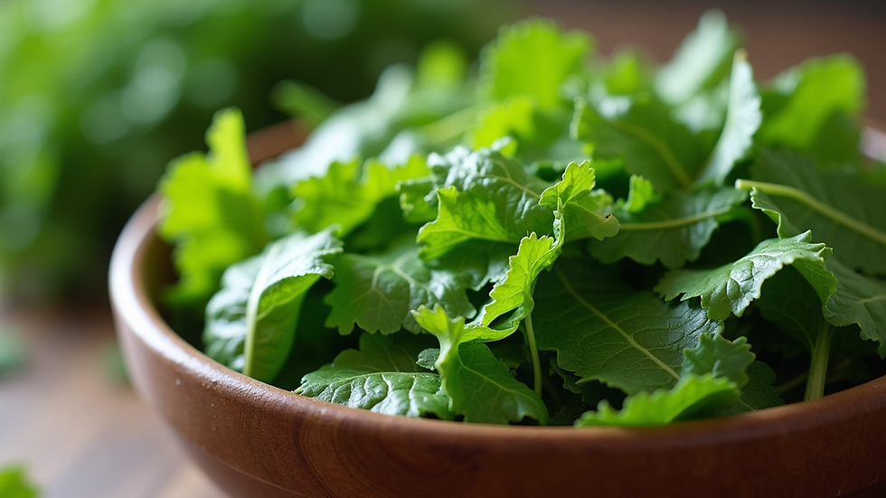 Close-up view of a bowl of fresh leafy greens and herbs