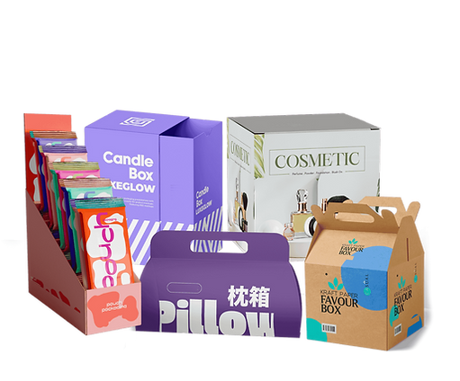 Colorful custom packaging boxes for products like cosmetics, candles, pouches, and gifts.