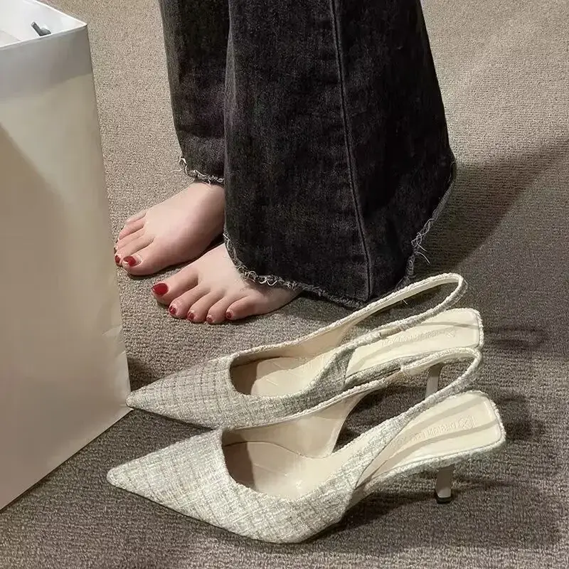 Thumbnail: Tweed Pointed-Toe Slingback Kitten Heels