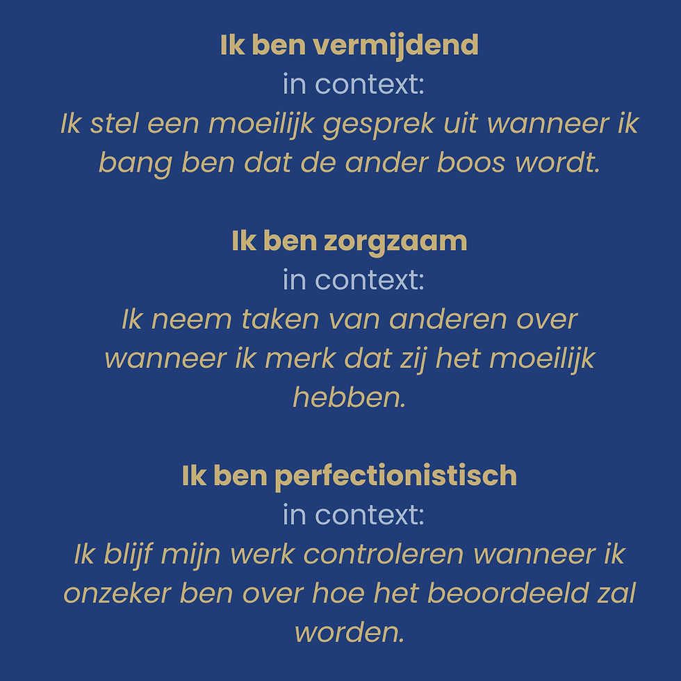 Drie voorbeelden waarin persoonslabels worden beschreven als concreet gedrag in context.