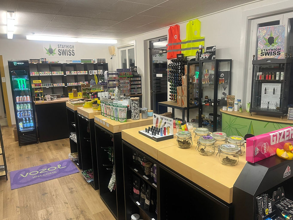 Vista a livello degli occhi dell'interno di un moderno negozio di CBD con scaffali pieni di prodotti