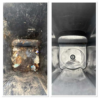 Before and after shot of the inside of a domestic wheelie bin, showing dirt and grime